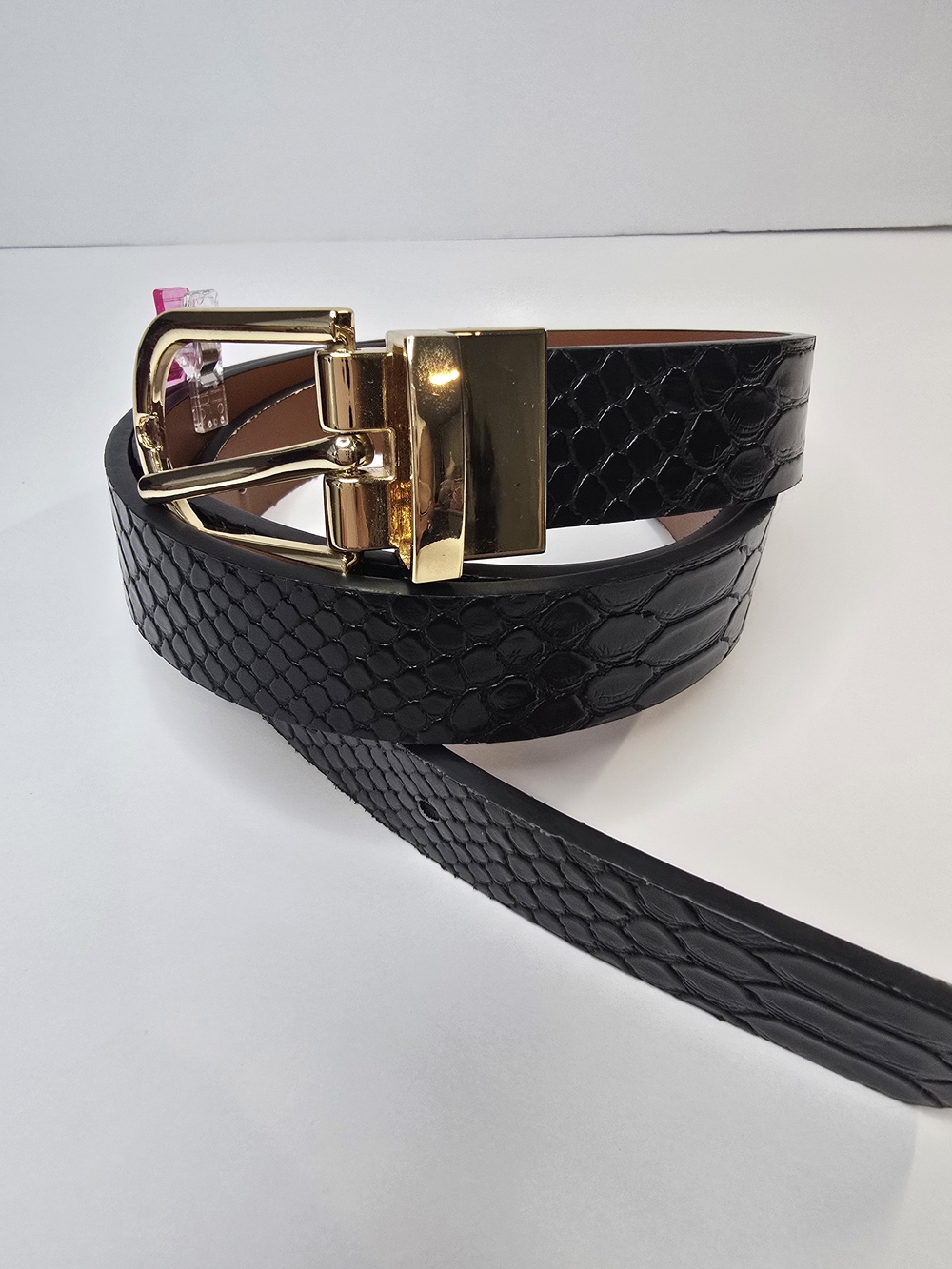 Women's Black Faux-Snake Leather Belt with Gold Buckle